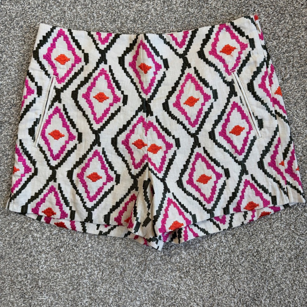LOFT The Riviera Short Pink Orange Green Ikat‎ Embroidered Linen Shorts 6